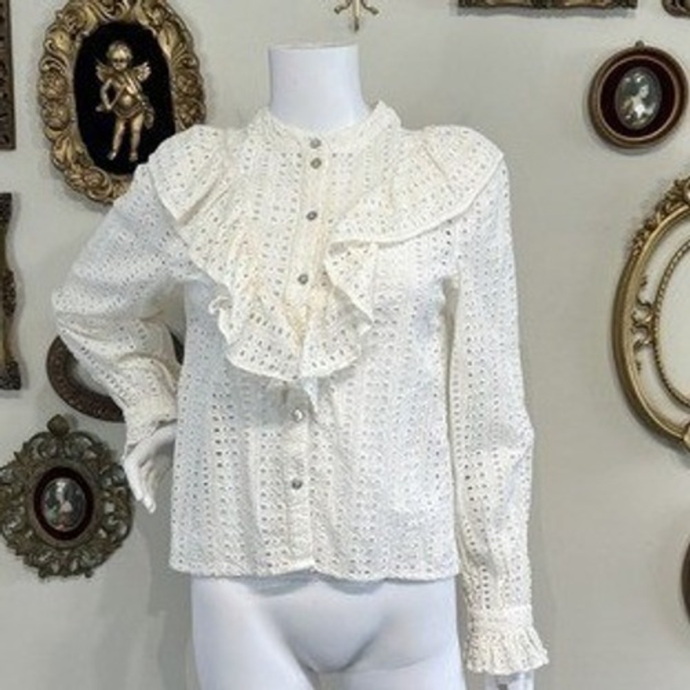 Warm NY White Cotton Eyelet Ruffle Blouse Long Sleeve Victorian Top Size 1